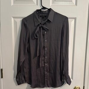 Elegant Gray-Green Button-Up Shirt Built-in Scarf